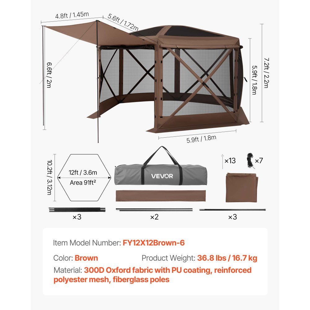 Tonnelle escamotable 3,6 m x 3,6 m, tente de camping à 6 côtés avec toit amovible et sac de transport, pare-soleil pour 8 à 10 personnes, tente de fête pour jardin, terrasse, marron