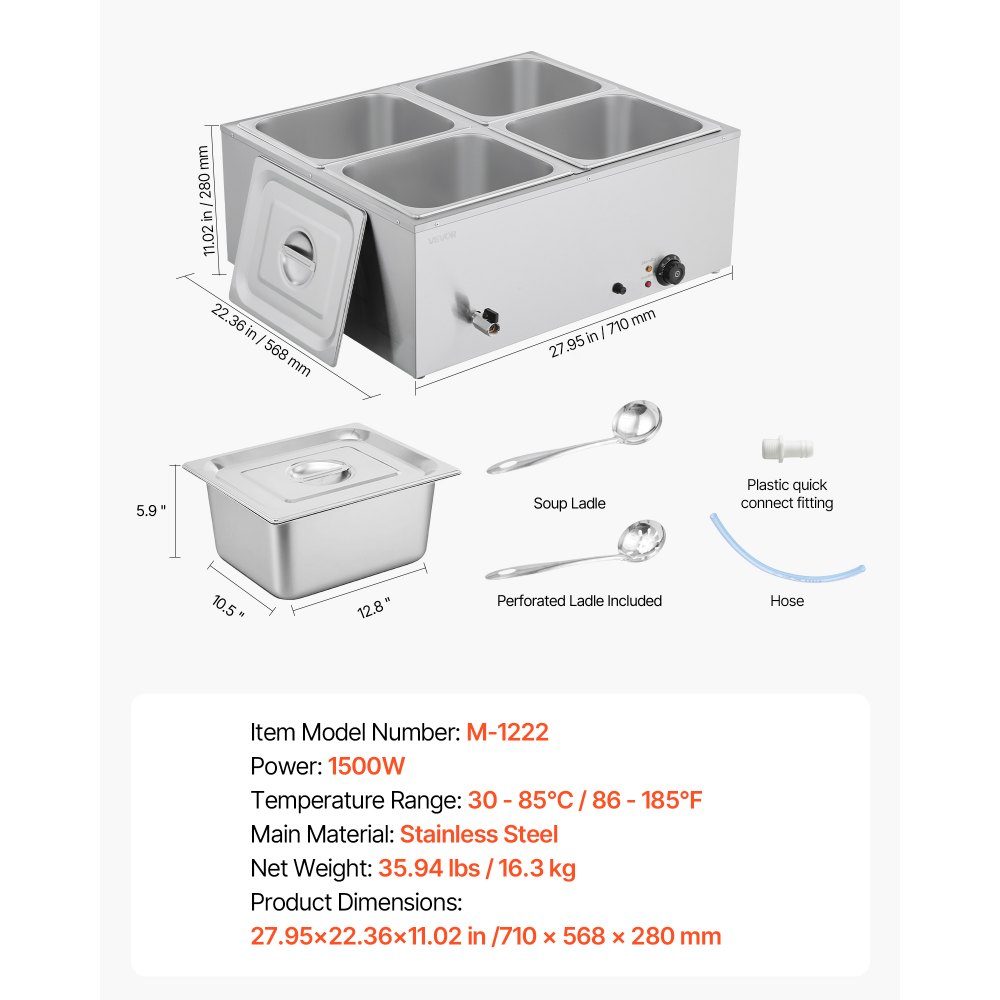 Réchauffeur de nourriture commercial (4 récipients de taille 1/2), récipient chauffant électrique en acier inoxydable de 1,5 kW avec couvercle et louche à soupe, réchauds pour restauration, restaurant, fête