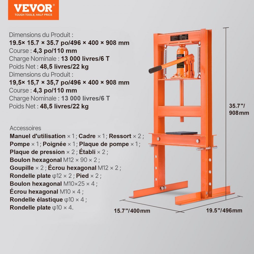 Workshop press hydraulic press 6 t, car frame press press 55-250 mm, 110 mm lifting height manual bearing press carbon steel workshop press for car bushings, ball joints, U-joints etc