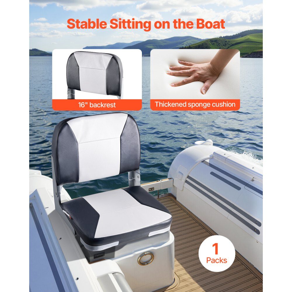 1 Piece Boat Seat Low Back Folding Fishing Boat Seat with Thick Sponge Cushion and Waterproof PVC Leather Aluminum Alloy Hinges Black Gray