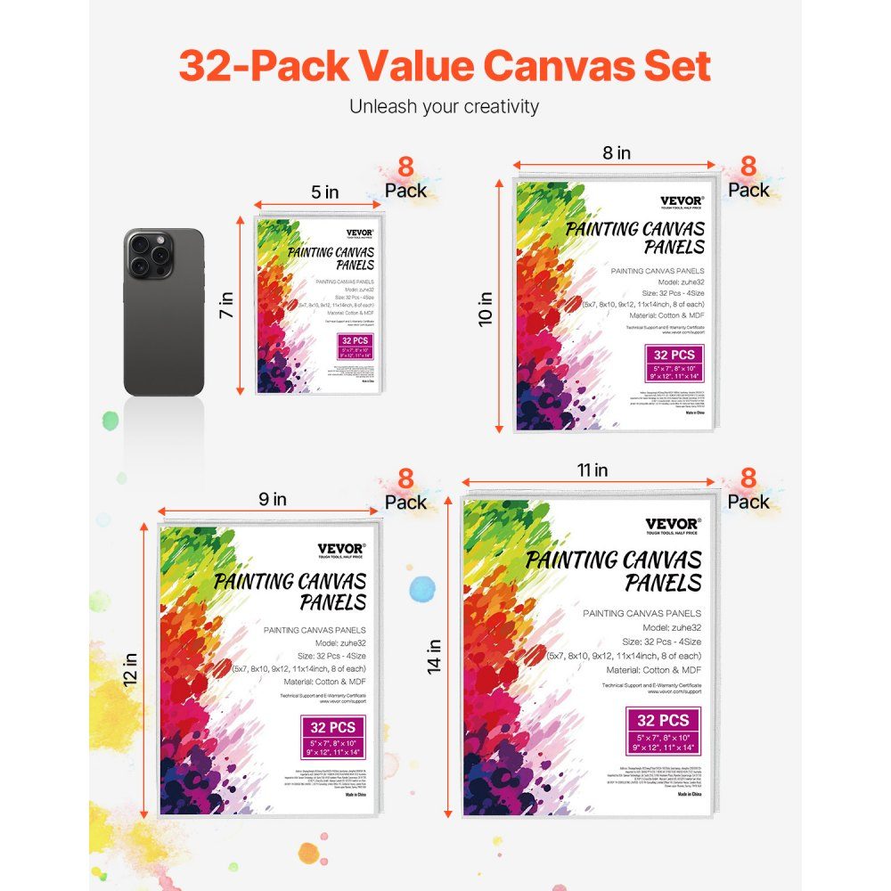 Canvas panels canvases (127x178mm / 203x254mm / 229x305mm / 280x355mm) for painting, canvas set 32 ​​pieces made of cotton, painting canvas panels acrylic and oil painting watercolor painting canvas white