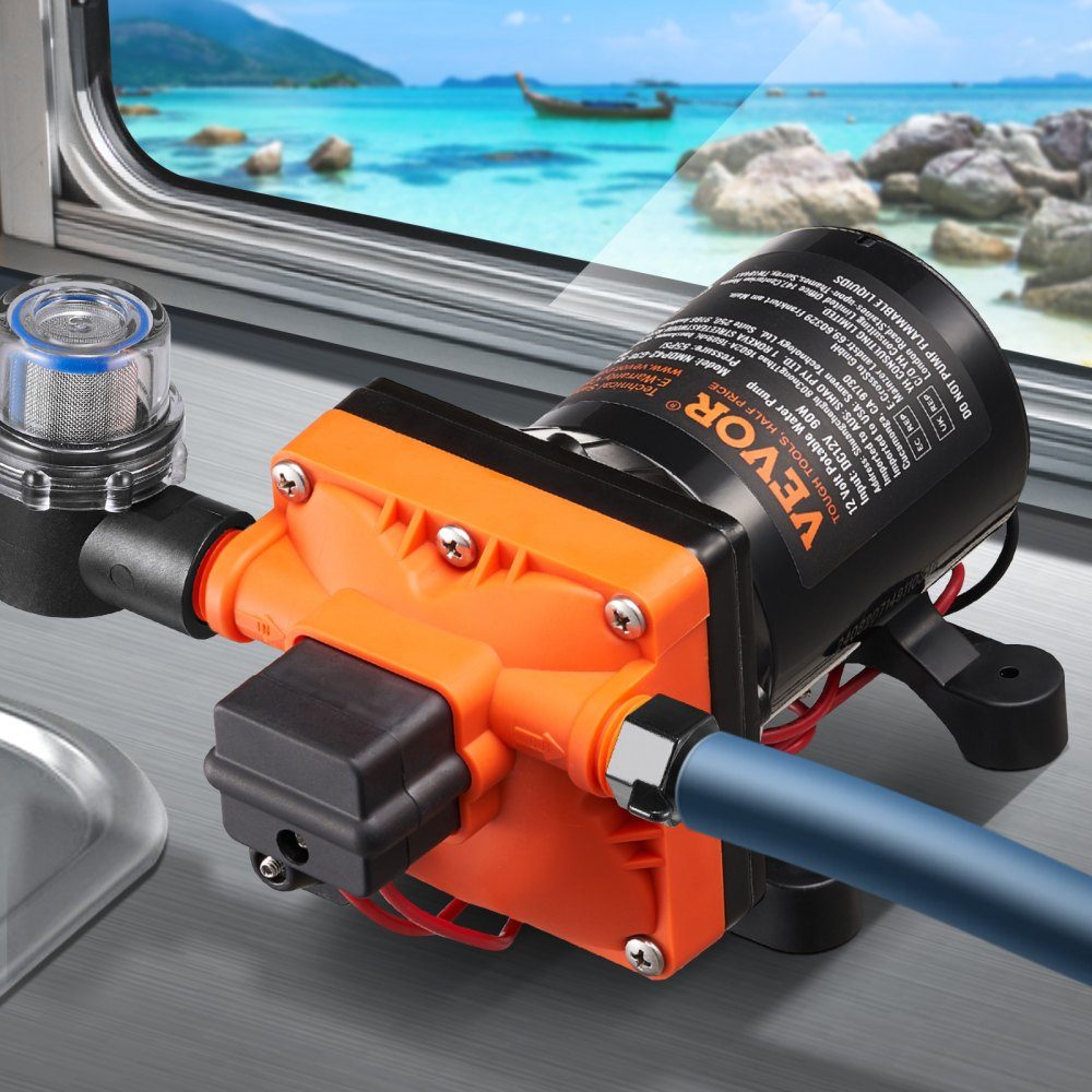 12-V-Membranpumpe, 11,36 l/min, 4-Kammer-Gleichstrom-Wasserpumpe mit automatischem Druckschalter, 40–100 PSI, verstellbar, 55 PSI, 1/2 Zoll MNPT-Anschluss für Wohnmobil, Yacht, Food Truck, Camper, Marine