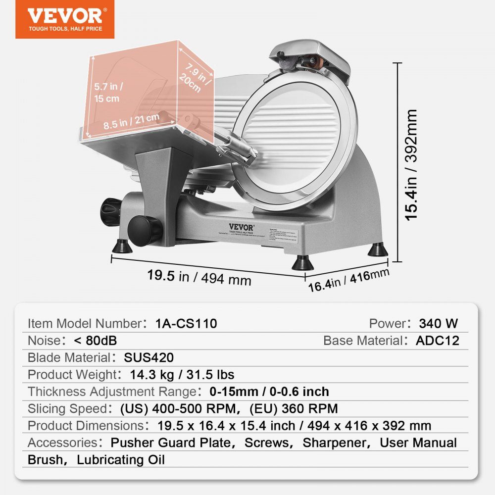 Trancheuse à viande commerciale 340 W trancheuse électrique polyvalente avec lame en acier au carbone de 10" épaisseur réglable de 0 à 15 mm pour la viande, le fromage, les légumes, etc.