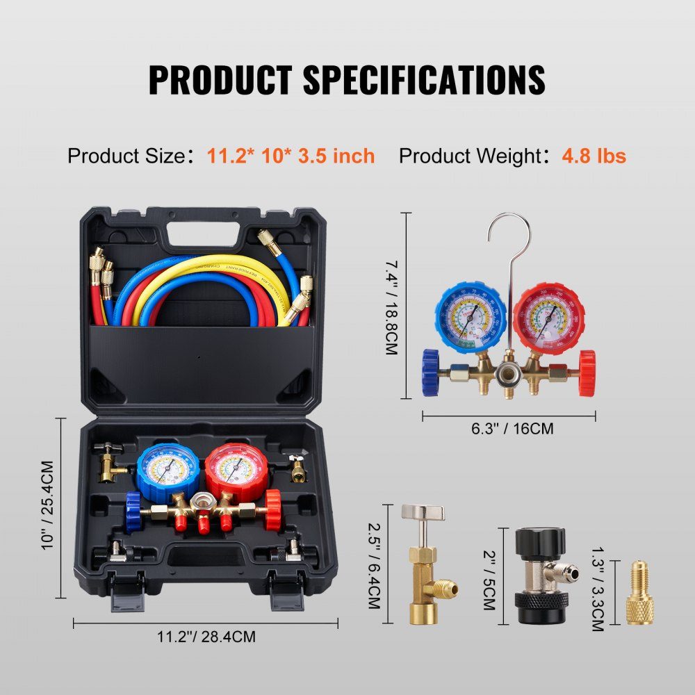 Koudemiddelmanometer 3-weg automotive koelmiddelverdelerset R134A-R22-R12-R502 Ac 4 stuks. 1,52 m vulslangen, koelmiddelmanometer