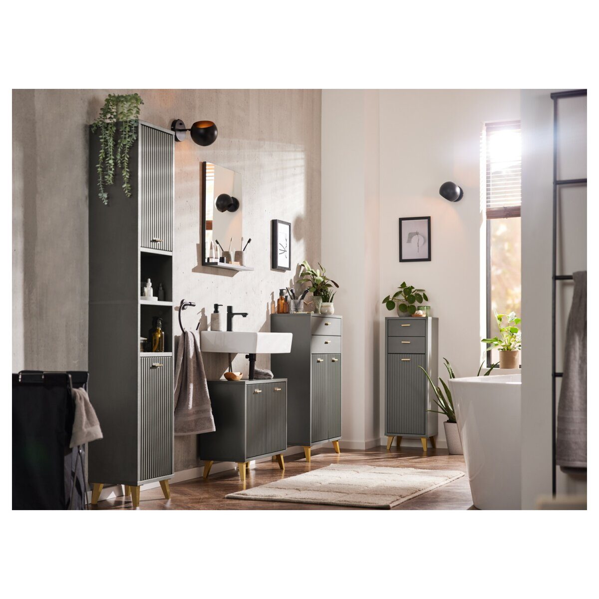 LIVARNO home Bad-Seitenschrank, mit Wellenoptik, schwarz