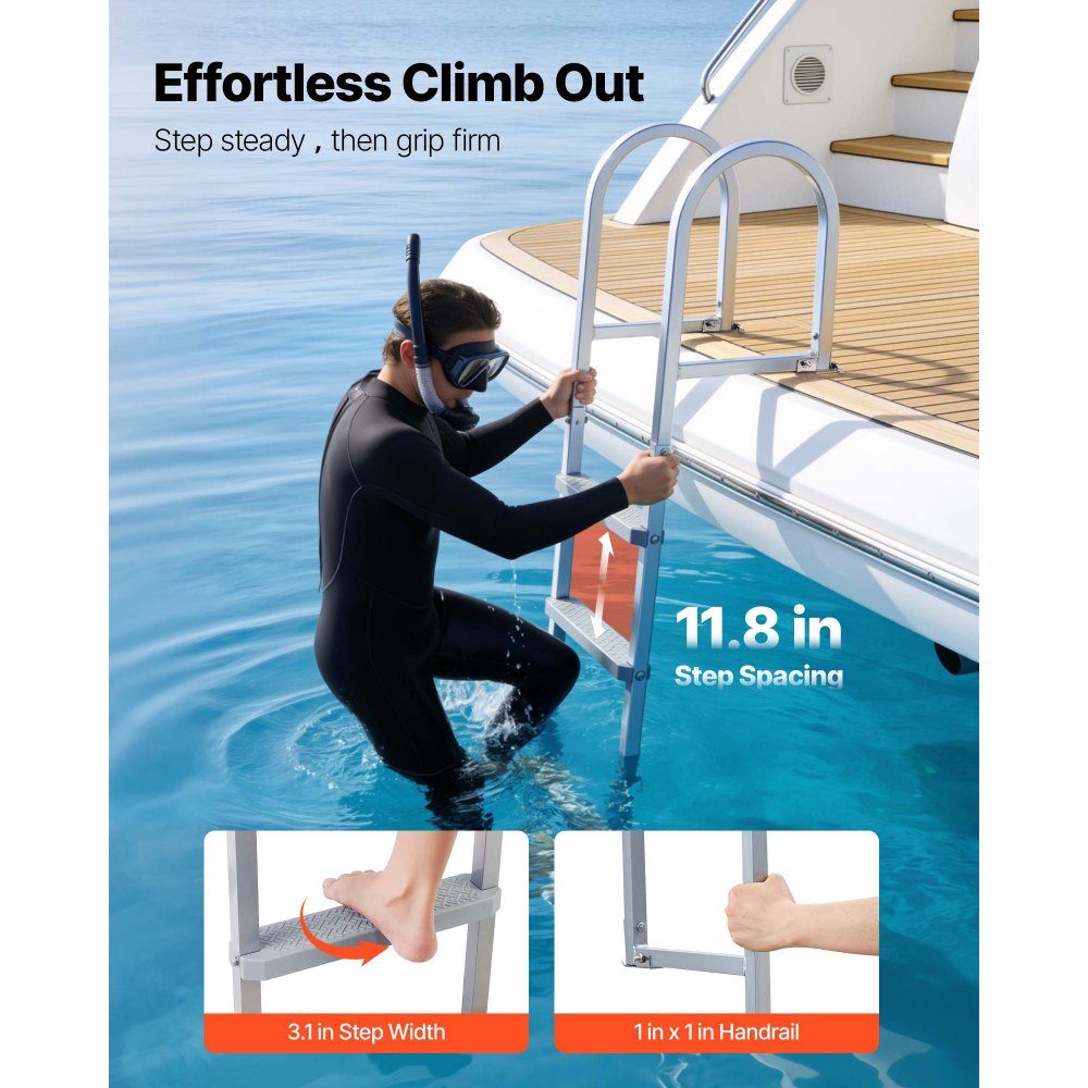 Dock Ladder, Detachable Boat Ladder with 5 Non-Slip Steps, Wide Pedals and Handrail, Pool Ladder with 500lb Load Capacity Aluminum Alloy, Entry Ladder for Docks, Pools, Lakes, Yachts, Silver