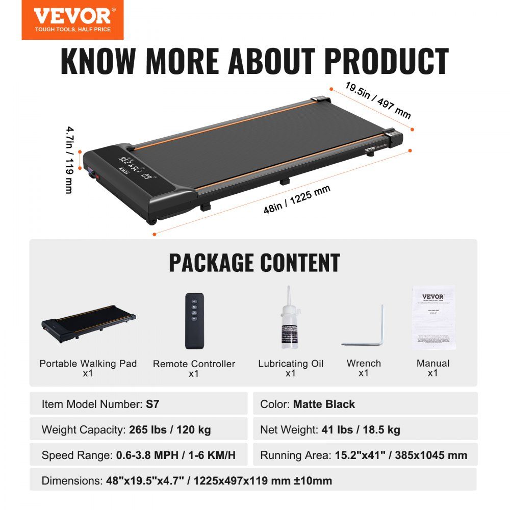Walking Pad Laufband unter dem Schreibtisch, Laufband für die Arbeit, Arbeitslaufband mit 120 kg Tragkraft, tragbares Pad mit 2,5 PS, Fernbedienung, LED-Anzeige 1-6 km/h, Schwarz