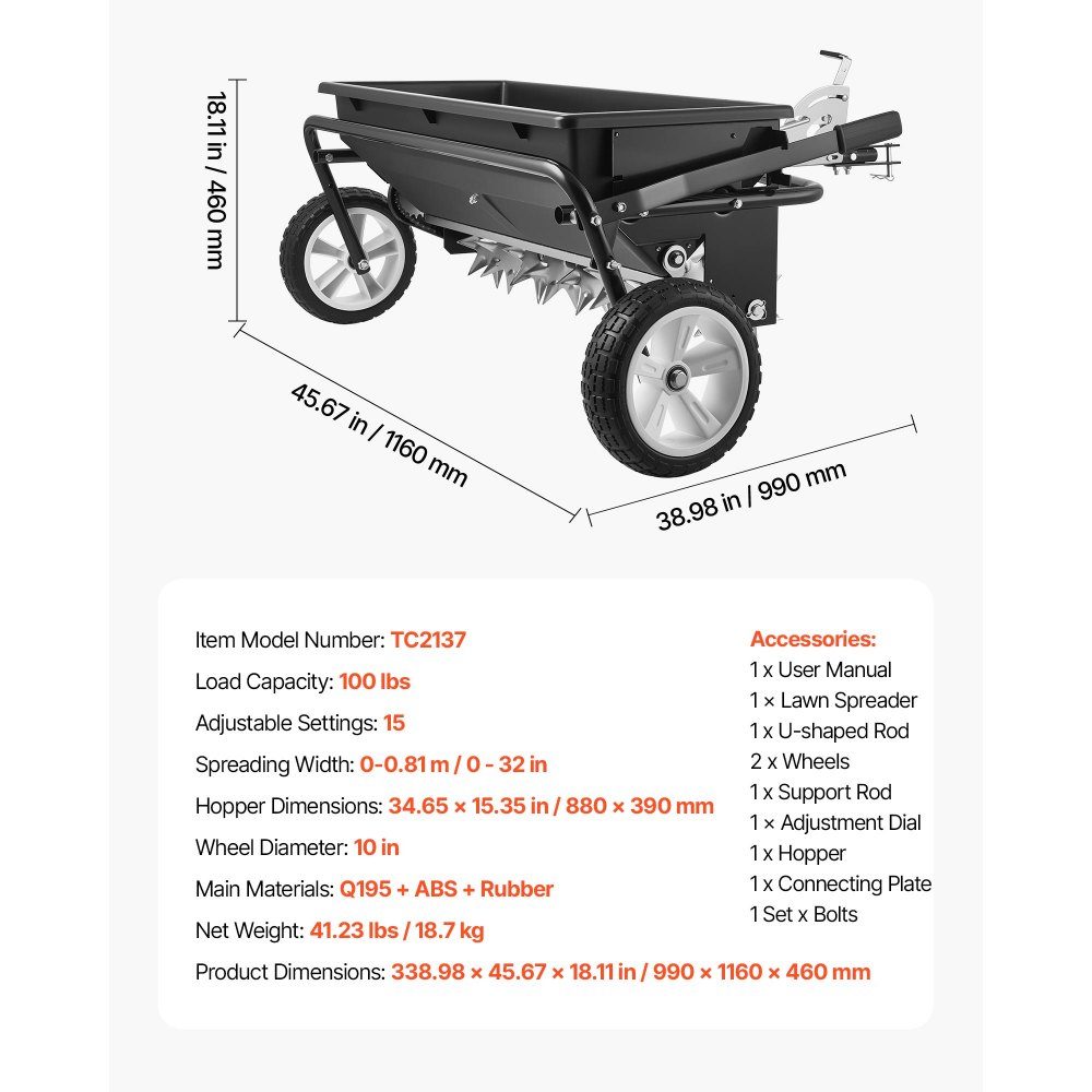 Anhänger-Rasenbelüfter 81 cm Streubreite, Streuer mit Universalkupplung, Gartensämaschine & Bodenbelüfter mit 45 kg Fassungsvermögen & 10 Zoll Rädern, Vertikutierer für ATVs & UTVs