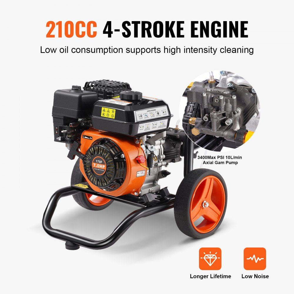 Benzin-Hochdruckreiniger 3400 PSI 2,6 GPM Terrassenreiniger 10 l/min mit Aluminiumpumpe, Druckpistole und Verlängerungsstab, 5-Düsen-Set, für Autos, Zäune, Häuser, Terrassen, vertikal