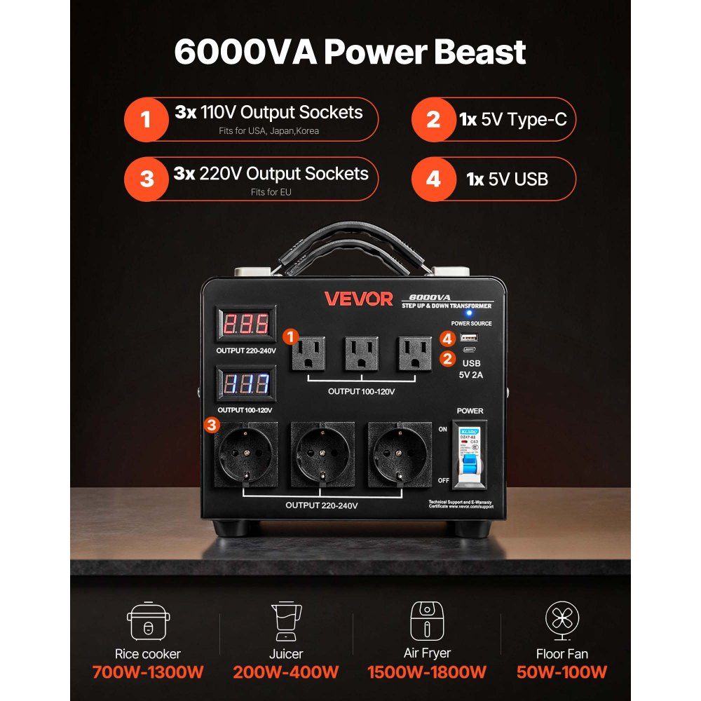 Spannungswandler-Transformator, 6000 VA, Aufwärts-/Abwärtstransformator, 110 V auf 220 V und 220 V auf 110 V, mit 3 US-Buchsen, 3 EU-Buchsen, LCD-Display, Leistungsschalter