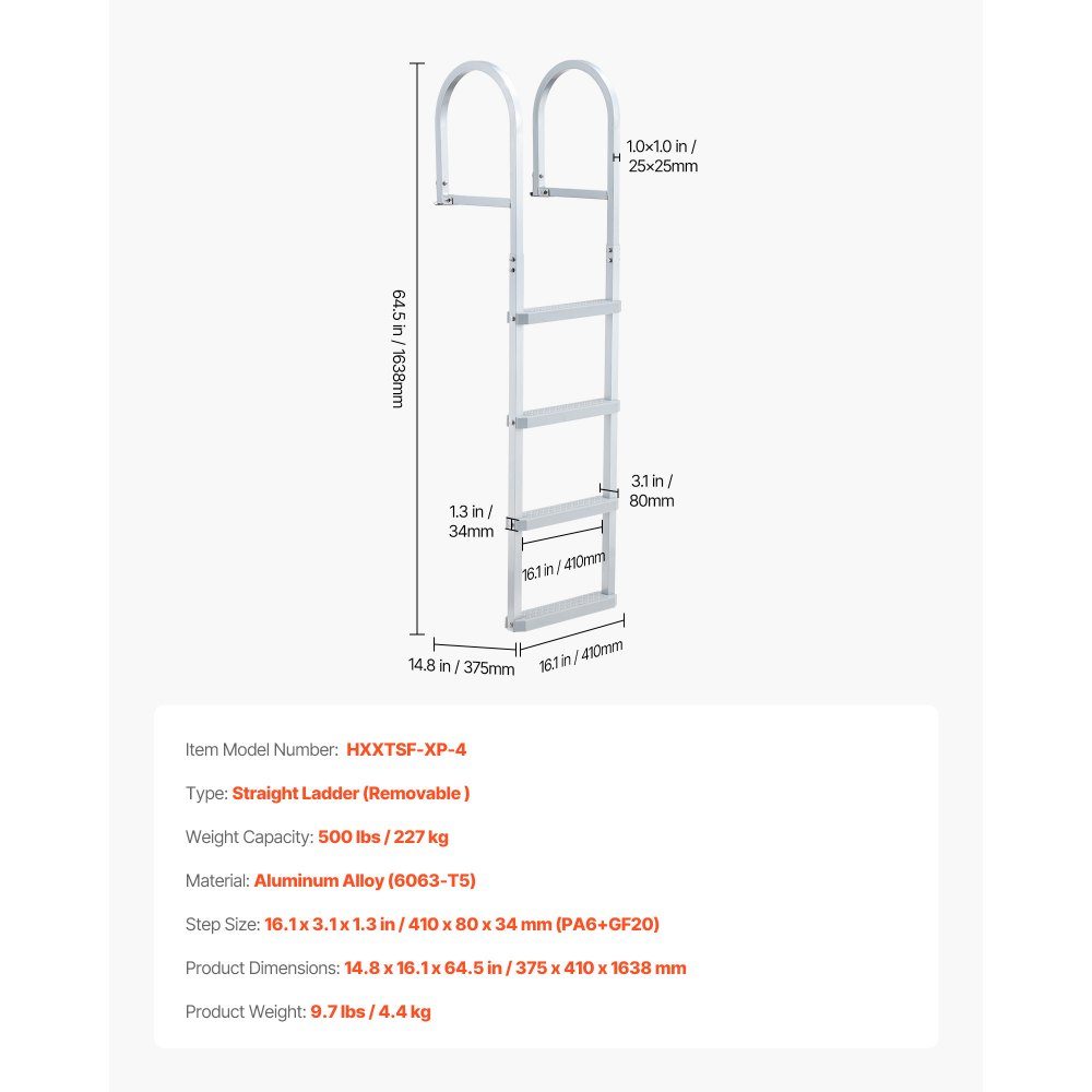 Dock Ladder Detachable, Boat Ladder with 4 Non-Slip Steps, Wide Pedals and Handrail, Pool Ladder with 500lb Load Capacity Made of Aluminum Alloy, Entry Ladder for Docks, Pools, Lakes, Boats, Silver