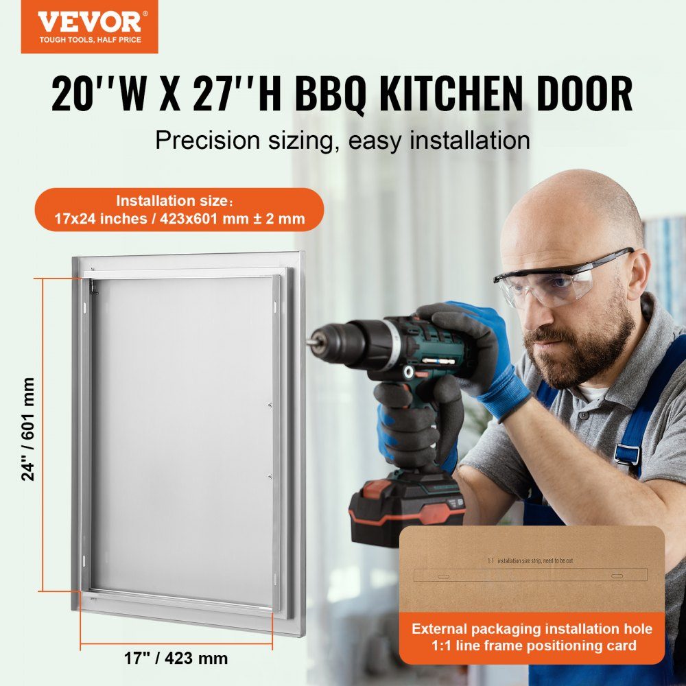 Porte d'accès au gril 508x686mm Porte de cuisine extérieure simple Porte encastrée en acier inoxydable Porte murale verticale avec poignée pour Grill Island Grill Station Armoire extérieure