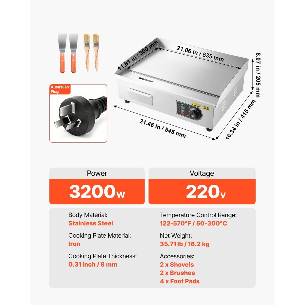 Electric grill commercial grill plate (535 x 300 mm) 3200 W with 50-300 °C adjustable temperature control, frying plate griddle plate with 2 spatulas & 2 brushes & 4 foot pads for steak