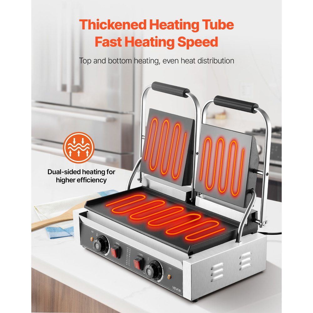 Gewerblicher Kontaktgrill 3600 W Elektrogrill Sandwichmaker (doppelte Backplatten) Paninipresse aus Edelstahl mit Temperaturregelung, 48 x 23 cm flache Emailleplatte, für Hamburger-Steak-Speck