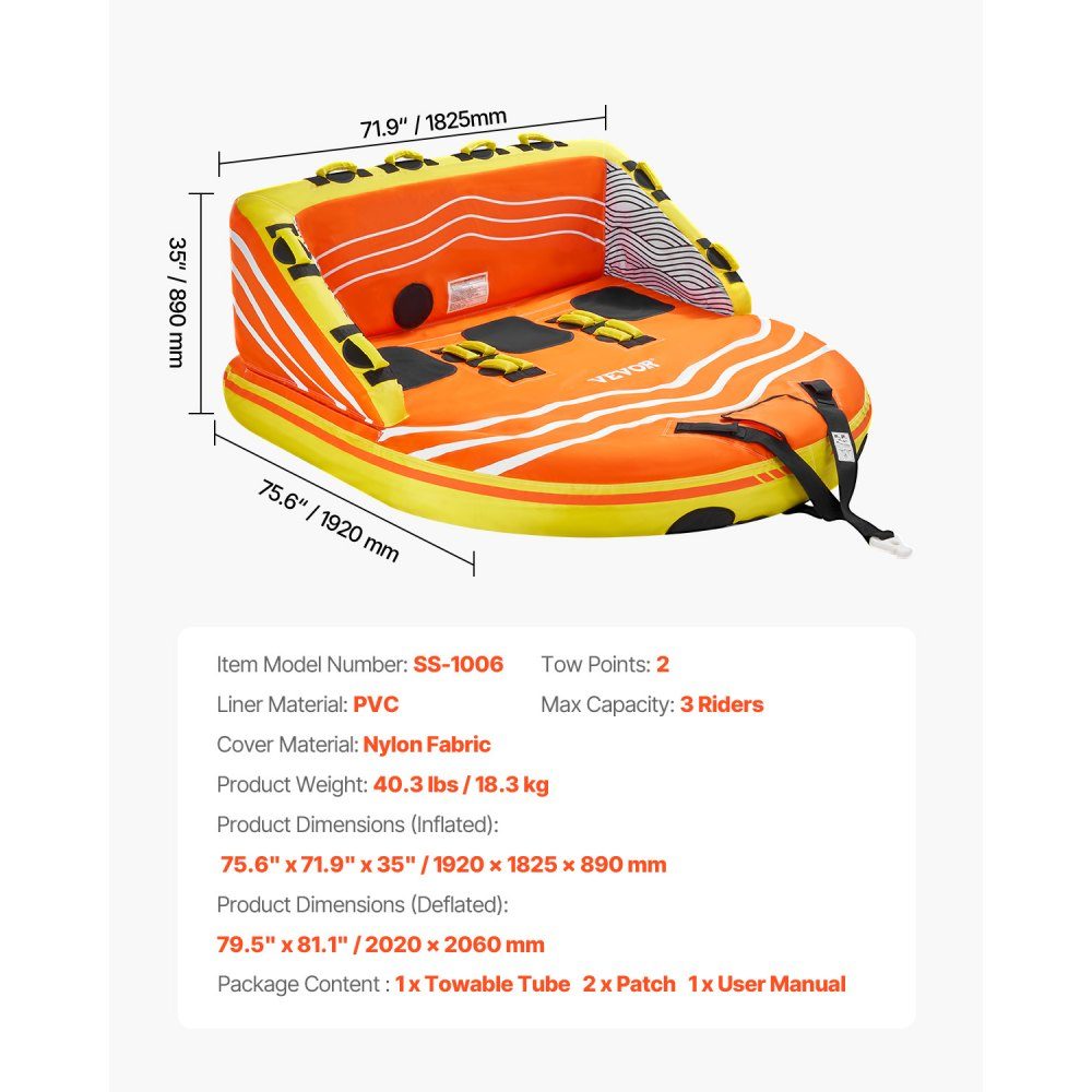 Boating Fun Tube Set, Inflatable Tugboats for 1-3 People, 500 Pound Water Sports Tow Tube for Pulling Boats - with Grab Handles, Tow Points and Safety Valve