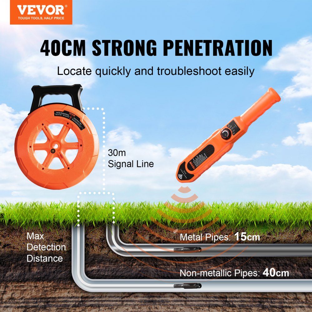 Pipe Blockage Detector Pipe Blockage Detector Pipe Cleaner ABS Case Pipe Inspection Organizer 30m Cable Detection Distance for Non-Metallic Pipes 0-40cm Metal Pipes 0-15cm