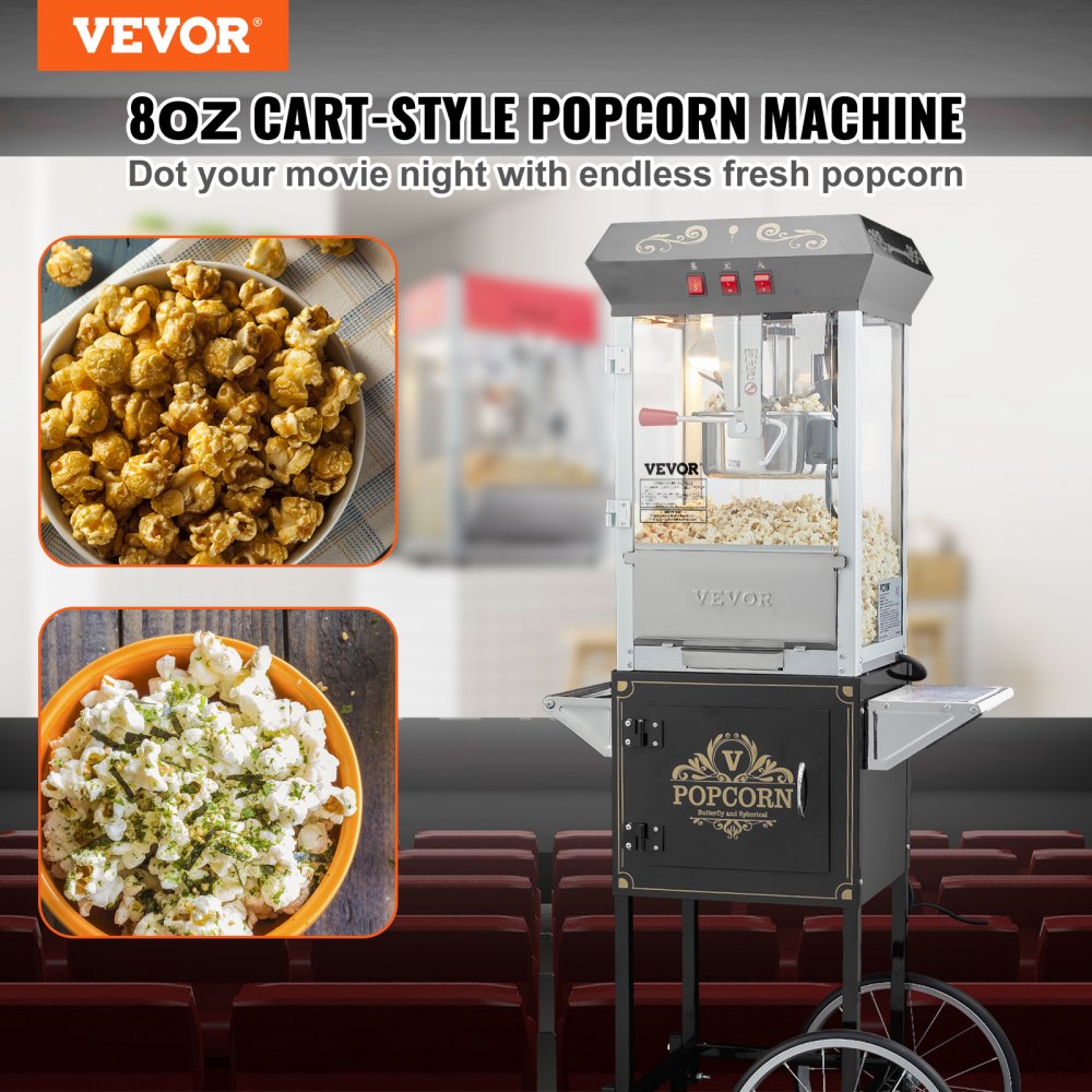 Popcornmaker, Popcornmaker met kar, 850W Popcornmaker, 8oz Ketel voor 48 kopjes per lading, Popcornmaker van gehard glas met 4 bolletjes Cinema Style Restaurant, Zwart