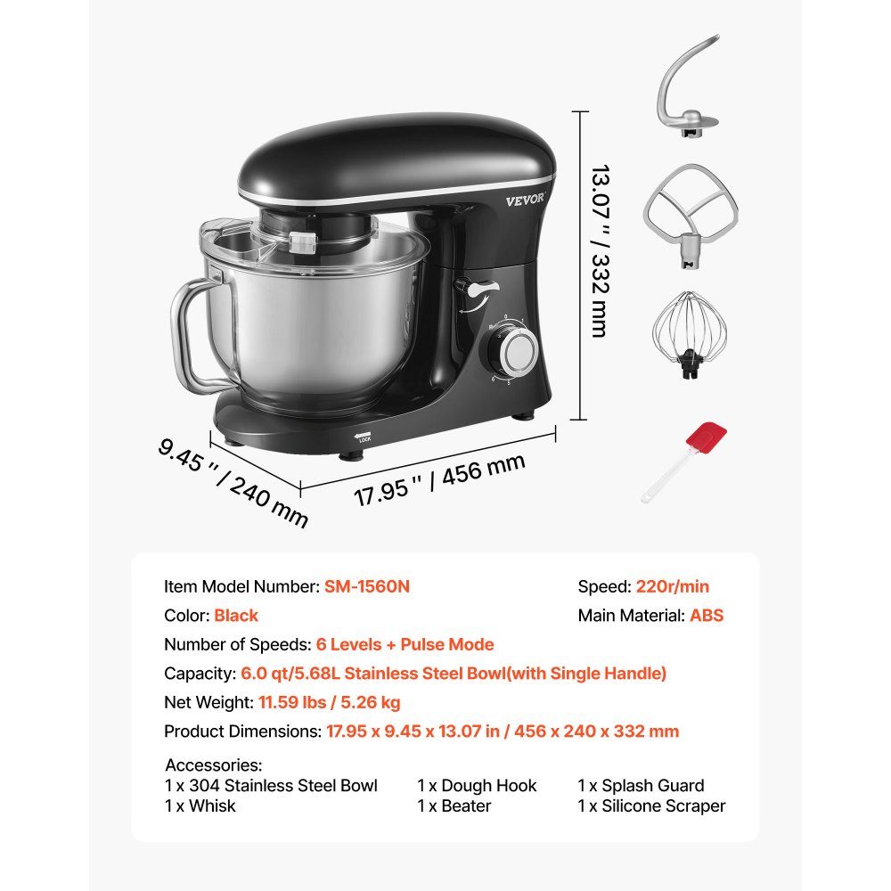 Robot culinaire Mélangeur de pâte 1400 W 5,68 L Robot culinaire à tête inclinable Bol en acier inoxydable Crochet pétrisseur Fouet Grattoir Robot culinaire domestique pour la cuisson et le mélange Noir