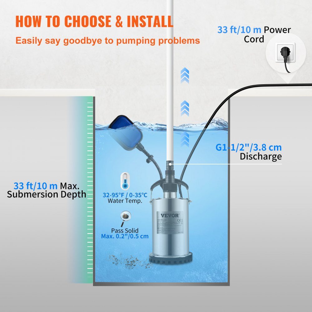 Vuilwaterpomp 550W dompelpomp 230V tuinpomp opbrengst 9500L/u vuilwater dompelpomp IPX8 uitlaat op maat te knippen voor het verpompen van water uit zwembaden, vijvers, kelders