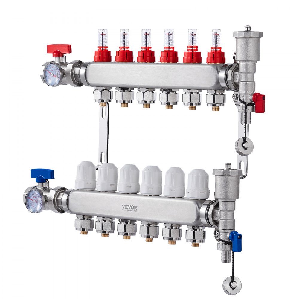 Wärmeverteiler mit 6 Zweigen, 1/2-Zoll-PEX-Rohrverteiler, PEX-Verteiler aus Edelstahl für hydronische Fußbodenheizung, Wärmeverteilungs-PEX-Verteiler-Kit mit 1/2-Zoll-Adaptern im Lieferumfang enthalten