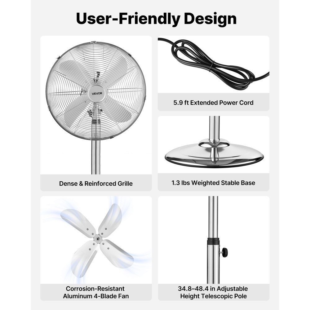 Pedestal fan φ44.5 cm, industrial fan with handle, 75° oscillating, 88.5 to 123 cm height adjustable, metal wind machine, suitable for commercial, garage, workshop and home, silver