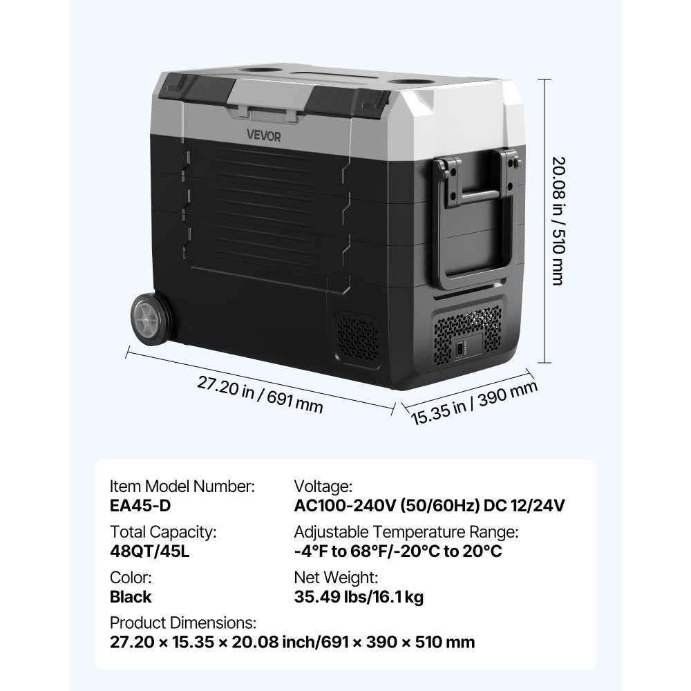 Compressor Cooler 12/24V DC 100-240V AC, Car Fridge 45L with App Control & Wheels & 2 Temperature Zones (-20°C to 20°C), Portable Fridge for RV, Boat, Camping, Fishing
