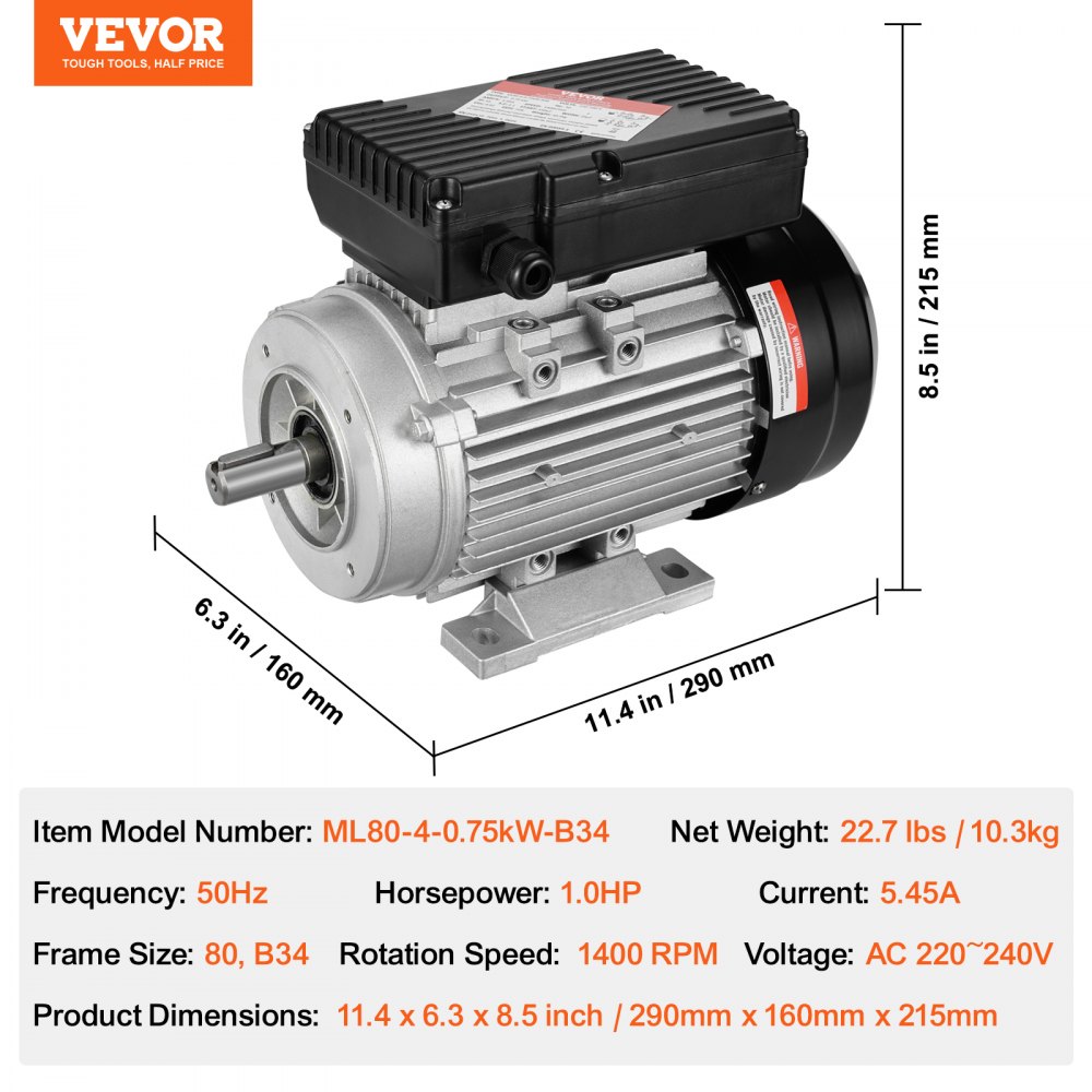 0,75 kW elektrische motor 1400 rpm AC 220-240 V 5,45 A 80 B34 frame luchtcompressormotor eenfasig 19 mm spline-as rechts/links rotatie voor landbouwmachines en algemene uitrusting