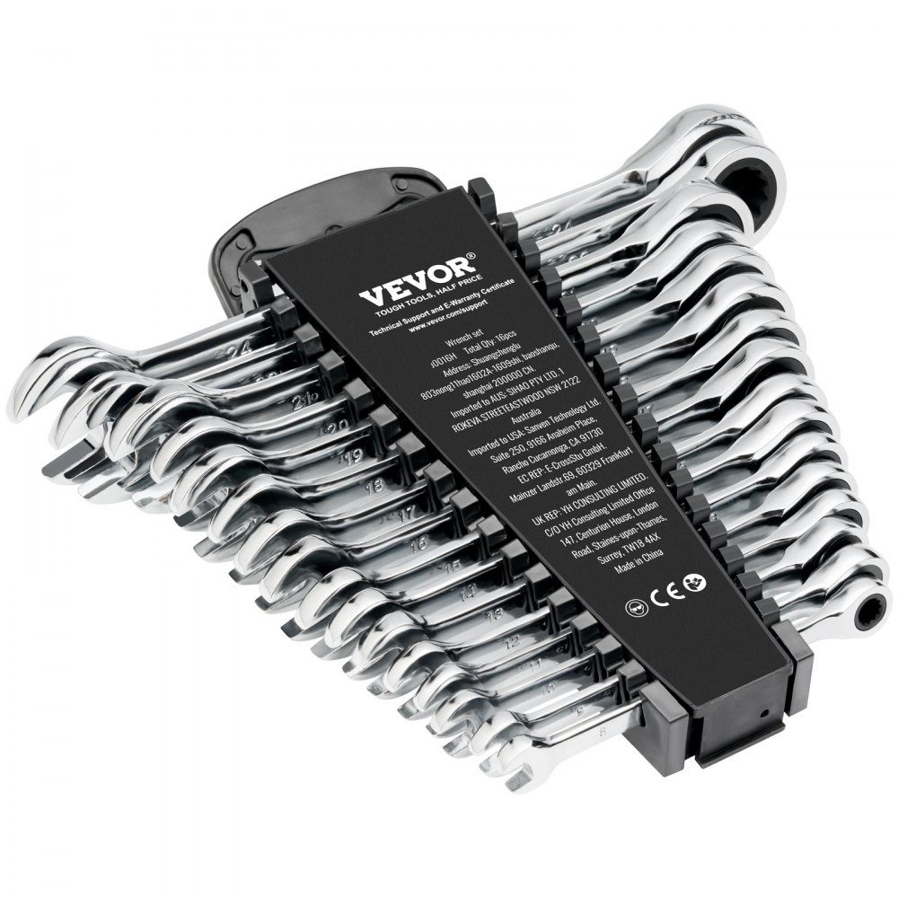 Combinatiesleutelset, 16-delige ratelsleutelset met organizerrek, Cr-V stalen moersleutelset, metrisch 8 mm tot 24 mm, ideaal voor huishouden, garage, werkplaats, noodgevallen bij autoreparatie