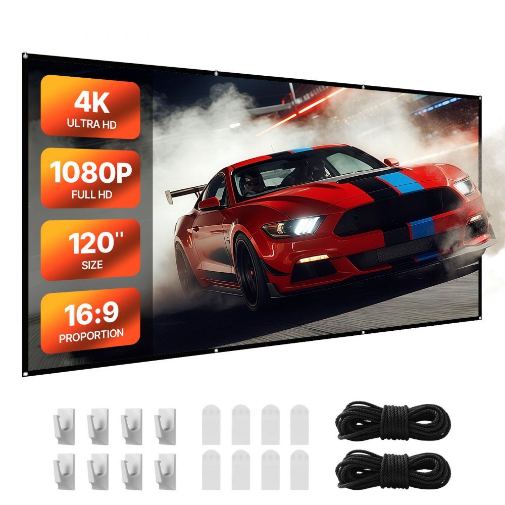 Manual Projection Screen 120" 16:9 4K 1080 HD Wall Mounted Projection Screen with 8 Hooks and Double Sided Tapes Movie Projection for Home Theater