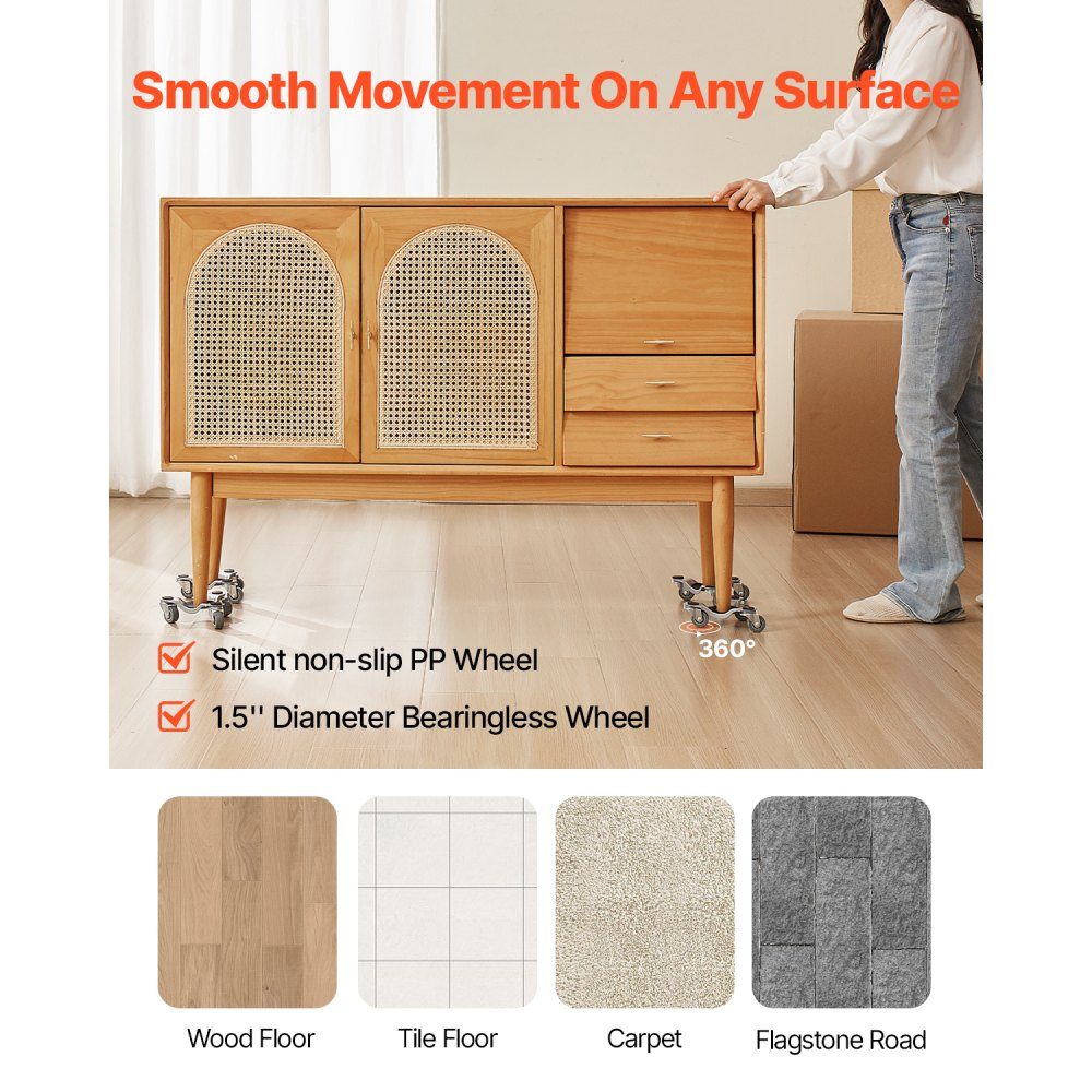 Furniture trolley set of 4, 158 x 158 x 65 mm, 200 kg load capacity, 3-wheeled steel furniture trolley with triangular swivel castor, transport trolley for household appliances, sofa, refrigerator
