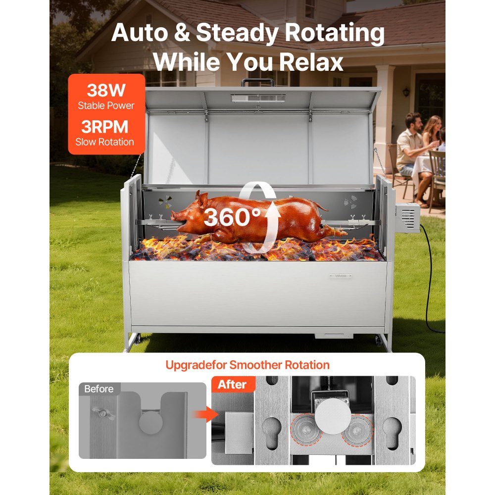 Drehspieß 38W Spanferkelgrill Lammgrill Holzkohlegrill (132cm Grilllänge) mit 60kg Belastbarkeit & Rollen & 4-fach Höhenverstellung & Deckel, Edelstahl Elektrogrill Set für Camping