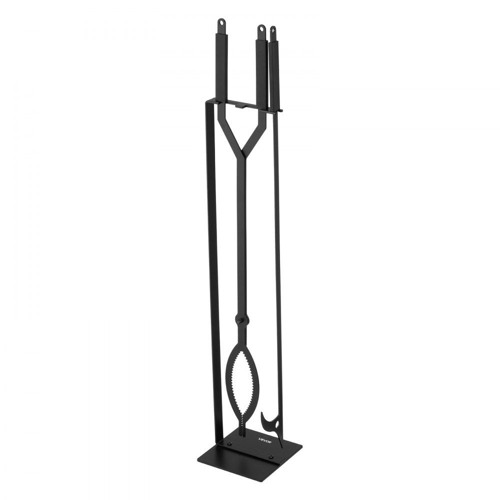 Kaminbesteck-Set, 3-teiliges Ofenbesteck-Set inklusive Ständer, Zange, Schürhaken, Kamin-Set, schmiedeeisernes Kaminzubehör für Lagerfeuer im Garten, drinnen und draußen, Schwarz