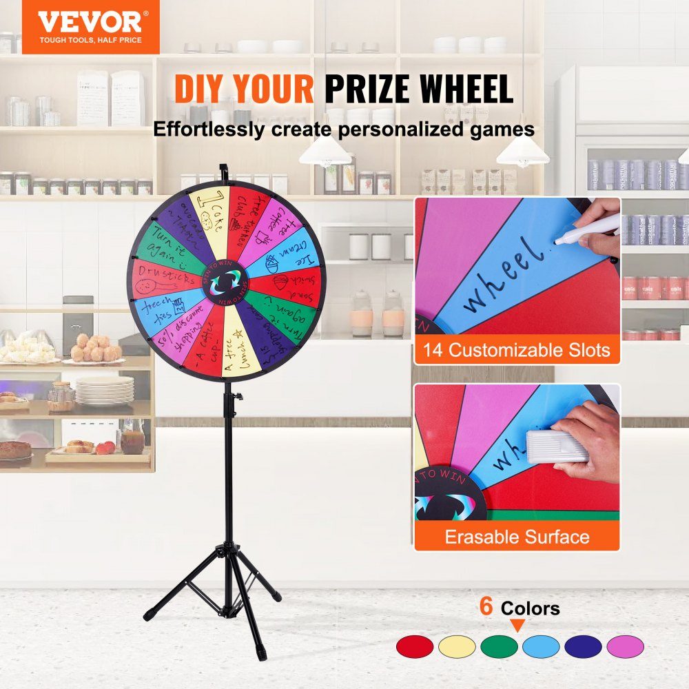 Roue de la Fortune (601 mm) avec 14 compartiments et support réglable en hauteur (1125-1530 mm) ainsi qu'une roue de roulette essuyable et un sac de rangement, une roue de prix rotative pour les fêtes, pubs, foires et foires