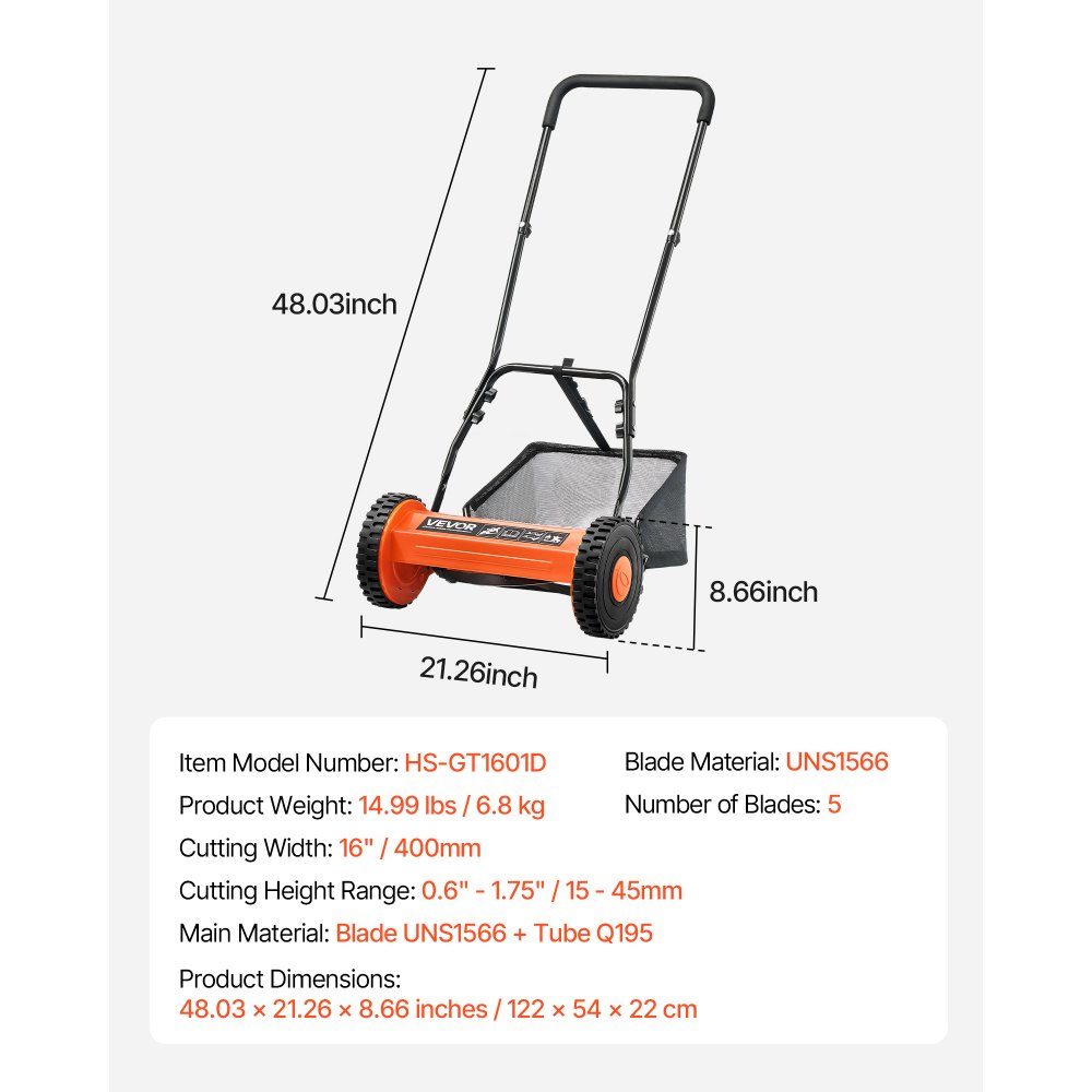Spindelmäher mit 400 mm Schnittbreite, Rasenmäher 15–45 mm verstellbare Schnitthöhe, Handmäher mit 5 Messern und Grasfangsack, ideal für Rasen, Einfahrten, Innenhöfe