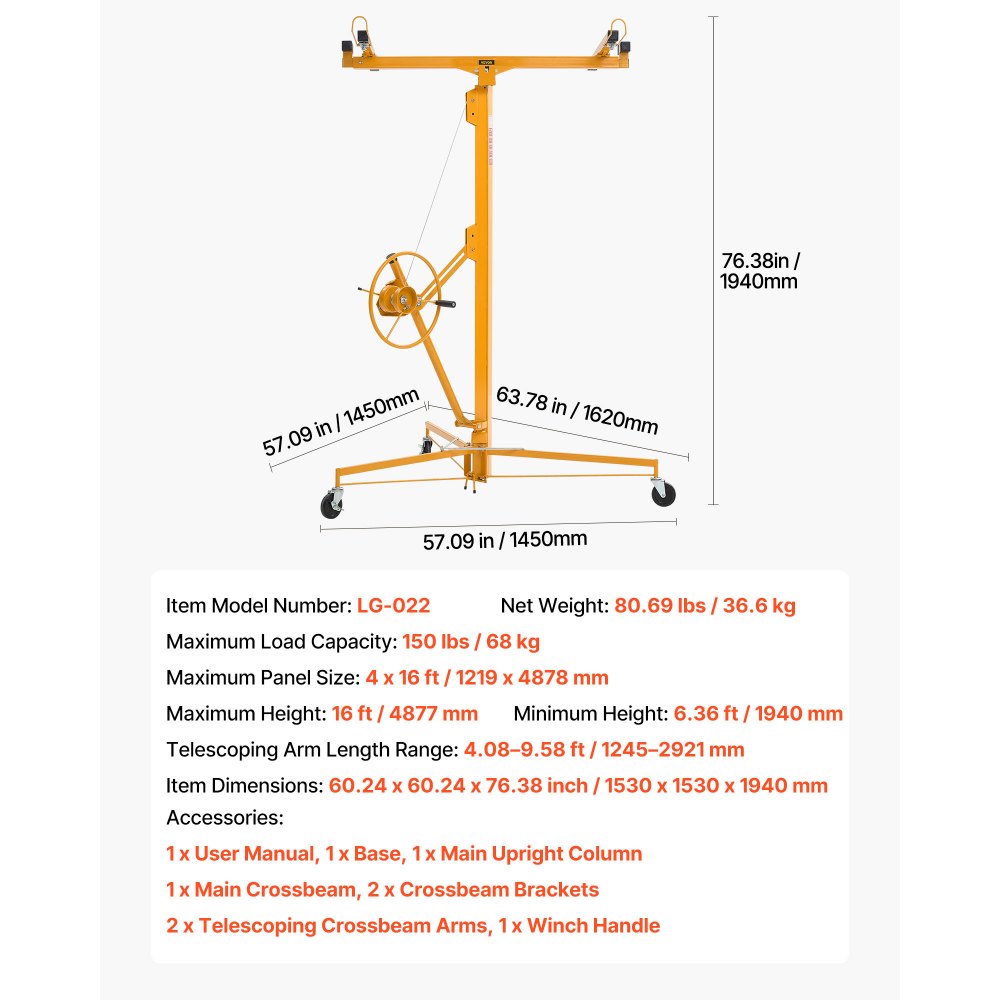 Plattenheber bis max. 68 kg, 4877 mm Höhe, Gipskartonheber mit verstellbarem Teleskoparm, Gipskarton, Trockenbauheber, Plattenheber, Hebezeug, Werkzeug, für Decken- und Wandmontage (gelb) Plattenheber bis max. 68 kg, 4877 mm Höhe, Gipskartonheber mit verstellbarem Teleskoparm, Gipskarton, Trockenbauheber, Plattenheber, Hebezeug, Werkzeug, für Decken- und Wandmontage (gelb)