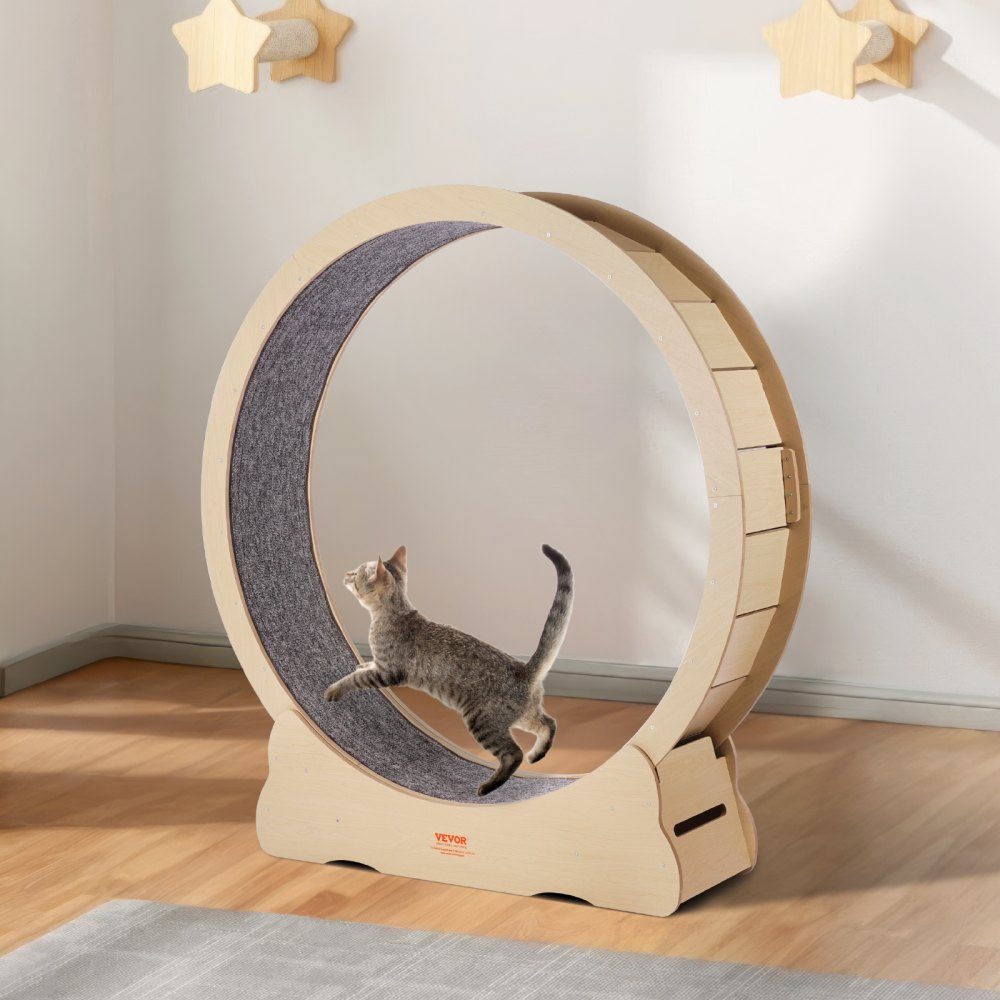 Katzenlaufrad aus Holz, 52-Zoll-Katzenlaufband für Hauskatzen, Katzenlaufrad mit abnehmbarem Teppich und Katzenangel für Lauftraining, Sportspielzeug für die meisten Katzen bis zu 30 Pfund