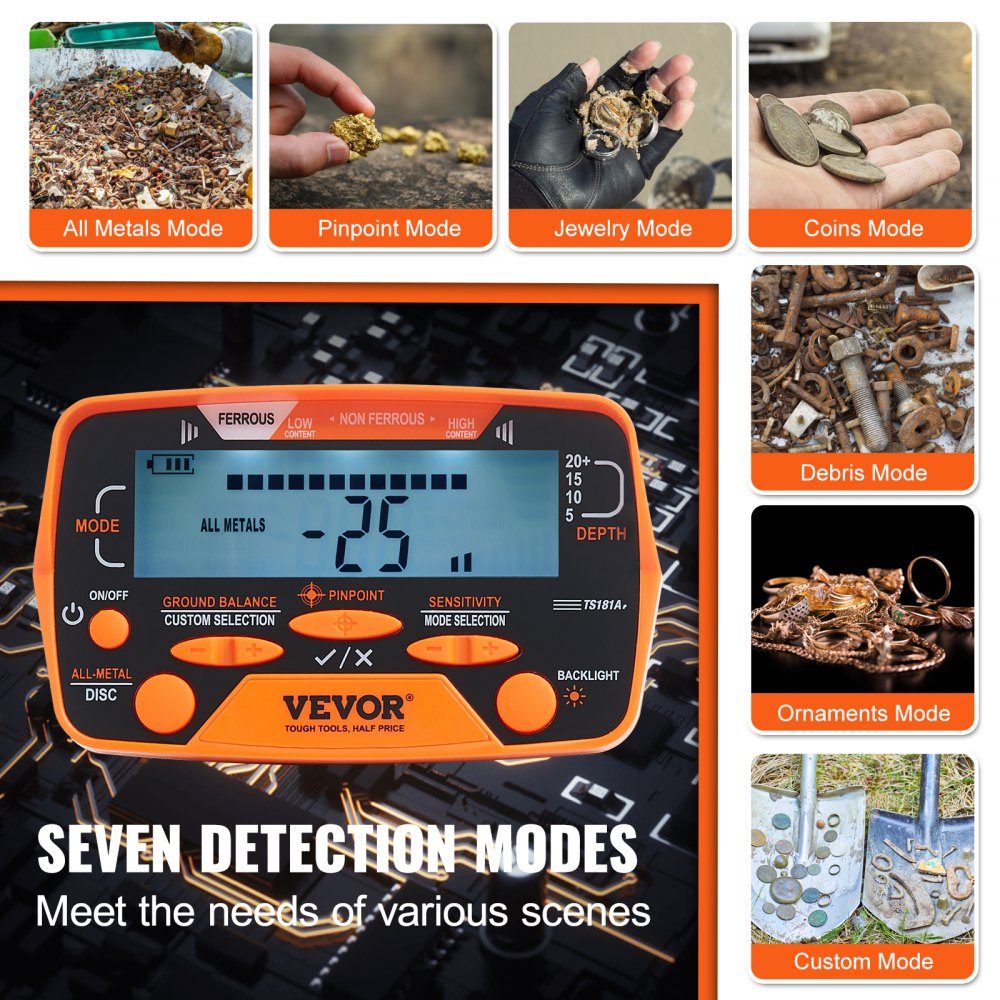 Metal Detector Set for Adults, Multifunctional Professional Detector with 7 Modes, Metal Detector, Waterproof 10" Coil for Greater Depth, with Shovel and Carry Bag