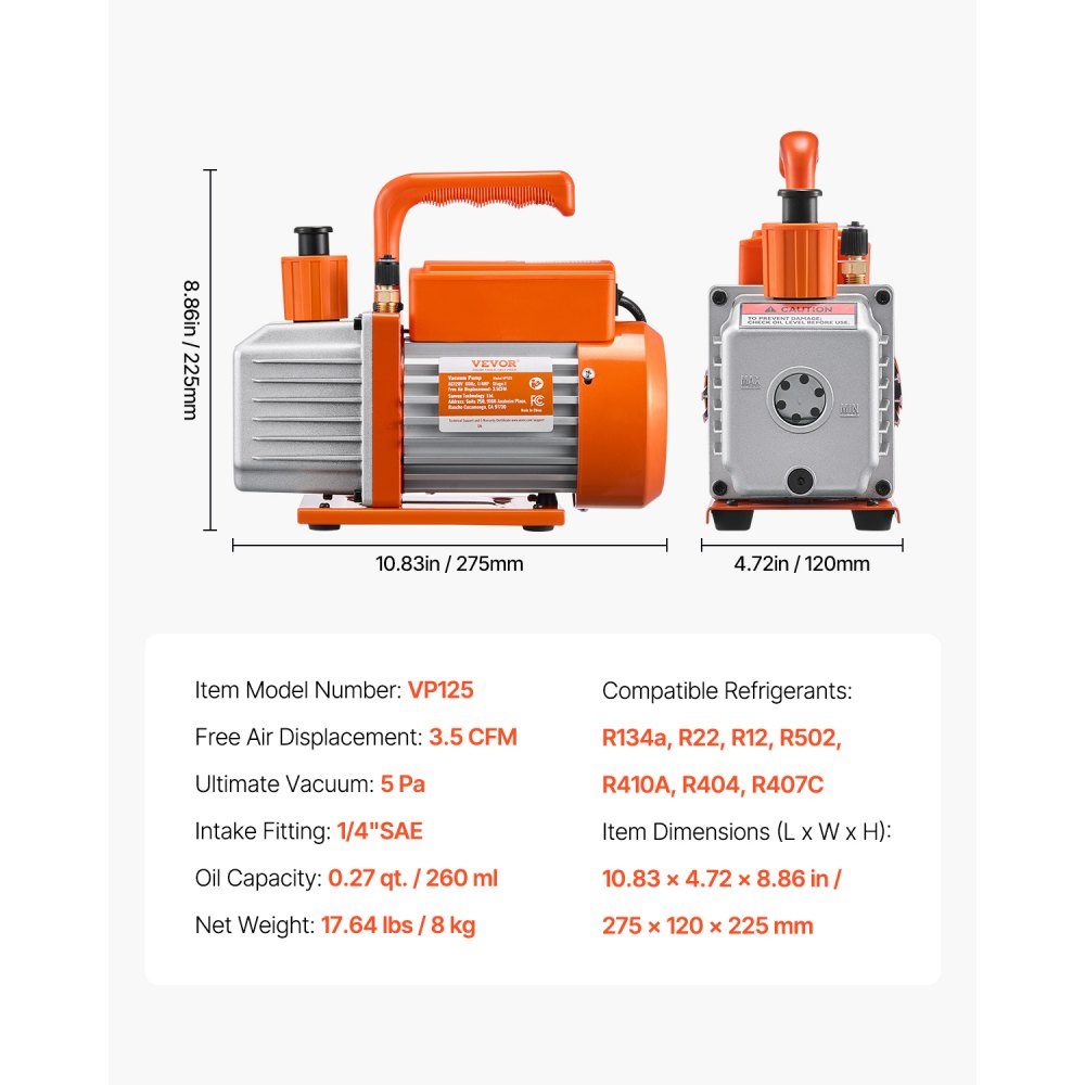3,5 CFM AC-vacuümpomp en meterset, eentraps roterende schoepen HVAC-luchtvacuümpomp, A / C-koelmiddelspruitstukmeterset voor R134a, R12, R22, R502a, R410A, R404, R407C-koelmiddel