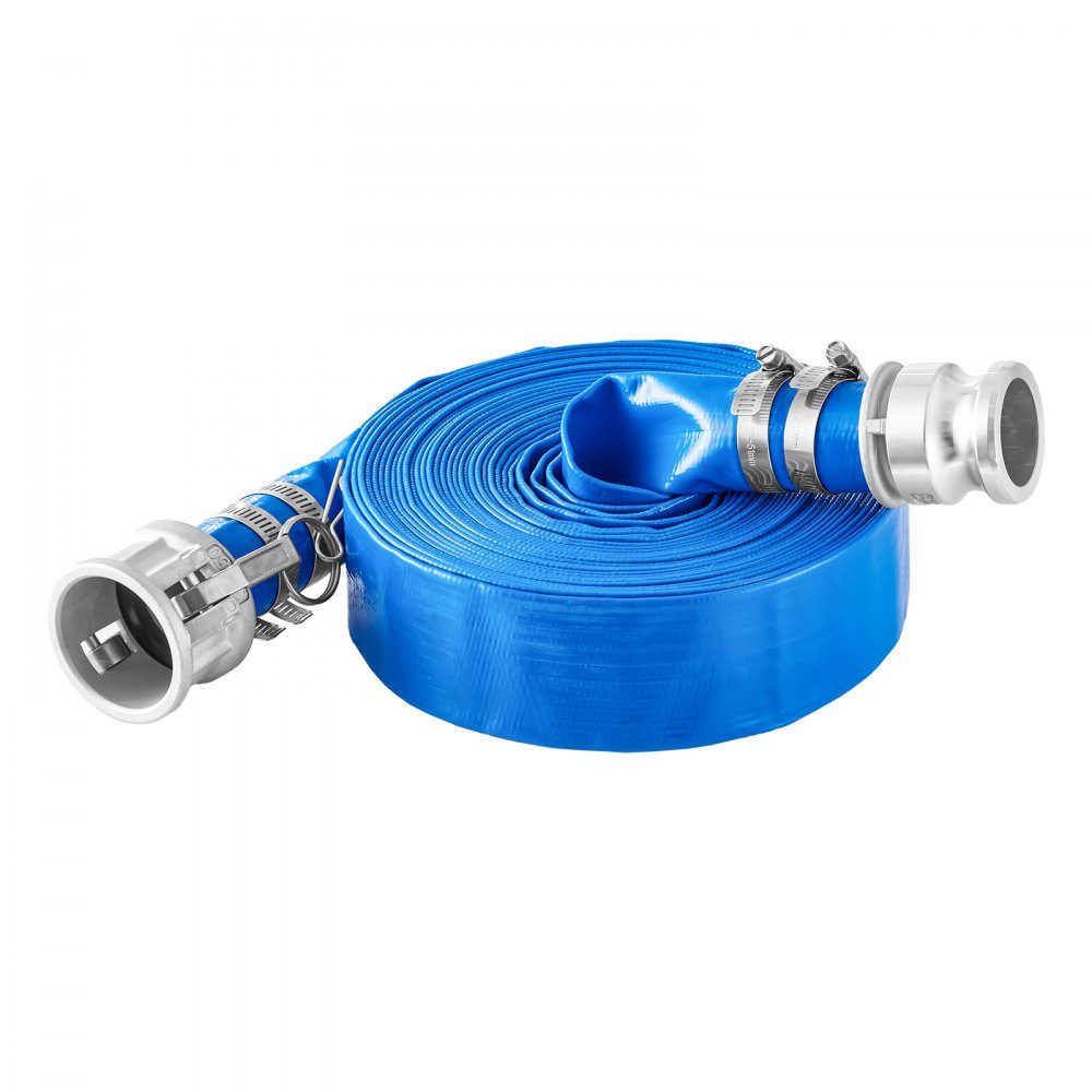 Das Saugschlauch-Set umfasst einen 2" x 50" blauen Rückspülschlauch, einen 20' grünen Saugschlauch und ein Rundloch-Stahlsieb, Camlocks, Klemmen, Nocken- und Nutadapter für verschiedene Zwecke