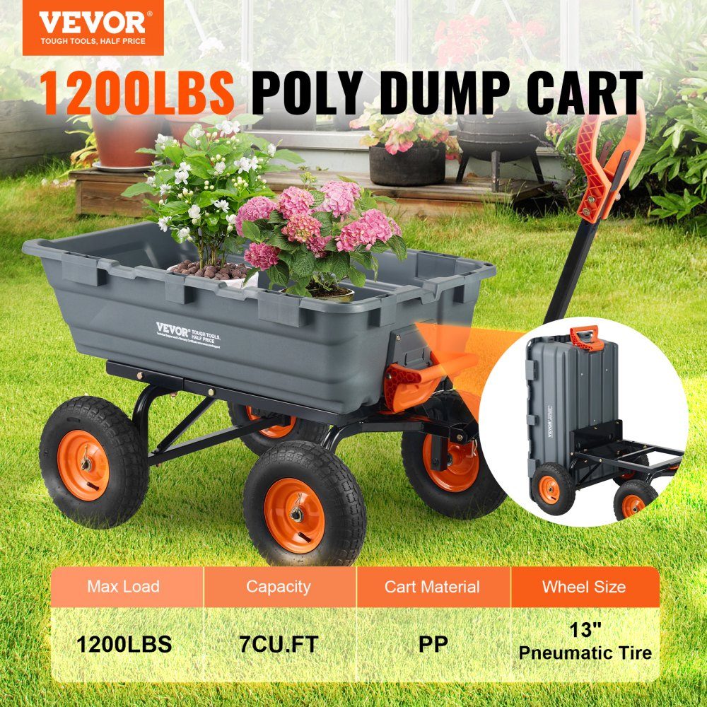 Trolley, Garden Cart with Easy to Assemble Steel Frame, Garden Cart with 2-in-1 Convertible Handle, Multi-Purpose Wheelbarrow with 680kg Load Capacity, 33cm Tires