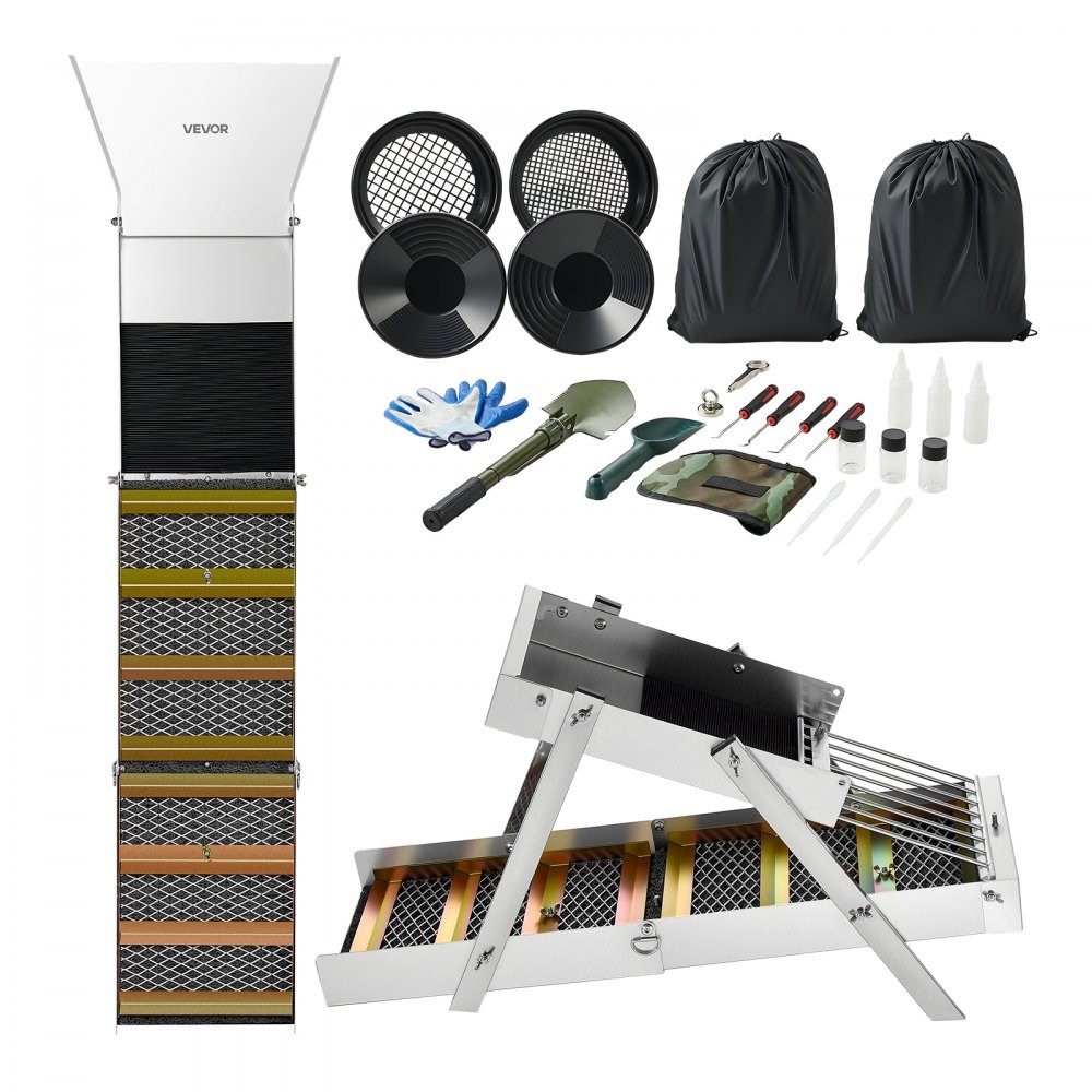 Highbanker Gold Panning Set 50" 3 in 1 Foldable Aluminum Alloy Gold Panning Trough 26 Pieces Portable Sharpening Set with Gold Pans Classifying Screen Magnet Backpack Accessories
