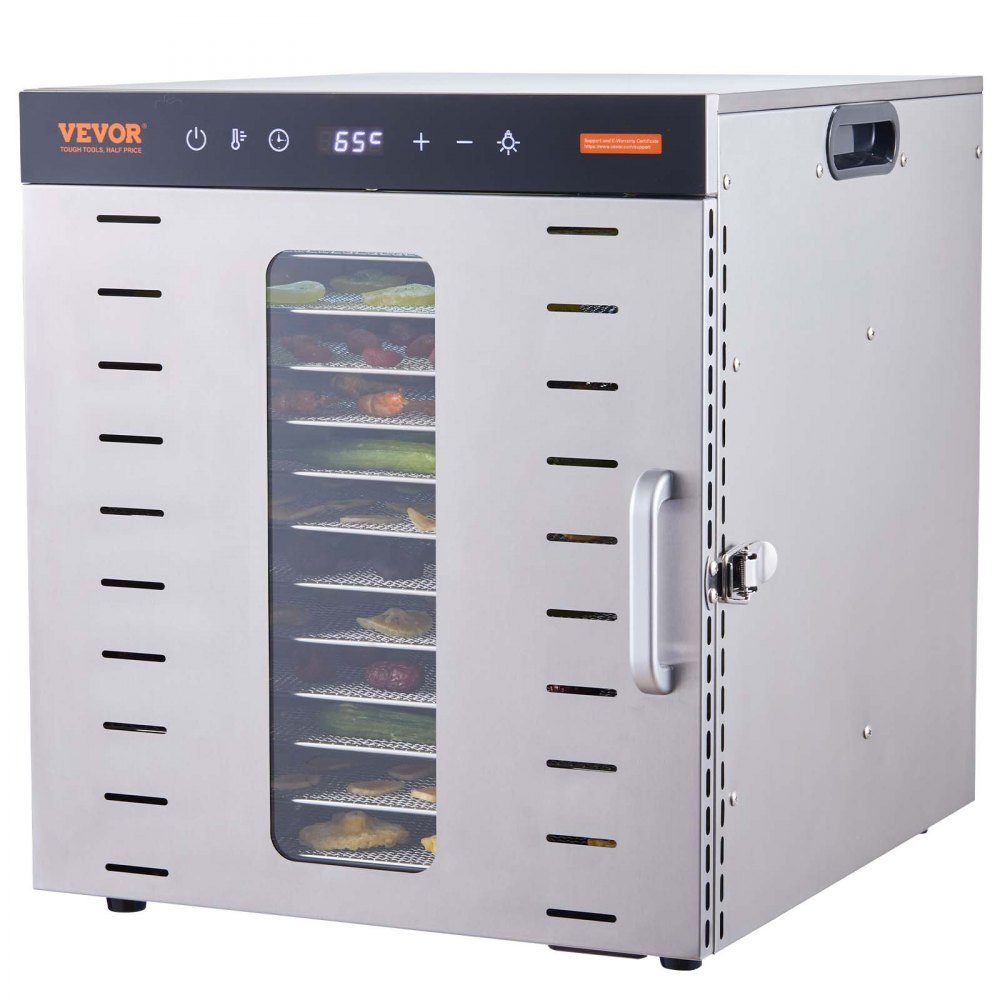 1000 W droogoven RVS, 377 x 285 mm 10 stuks. Bakken 360° droog, dehydrator, temperatuurregeling, timer van 0,5 tot 48 uur, bescherming tegen oververhitting, receptenboek voor vlees, fruit, groenten – Artikelnr. HT-23663