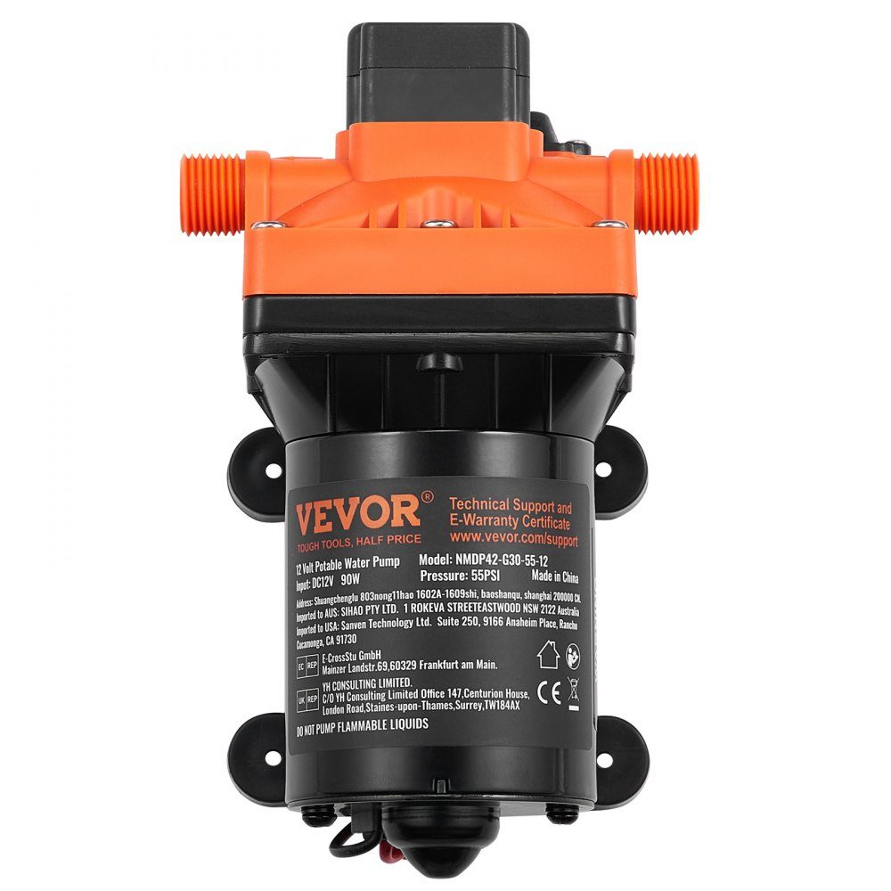 12-V-Membranpumpe, 11,36 l/min, 4-Kammer-Gleichstrom-Wasserpumpe mit automatischem Druckschalter, 40–100 PSI, verstellbar, 55 PSI, 1/2 Zoll MNPT-Anschluss für Wohnmobil, Yacht, Food Truck, Camper, Marine