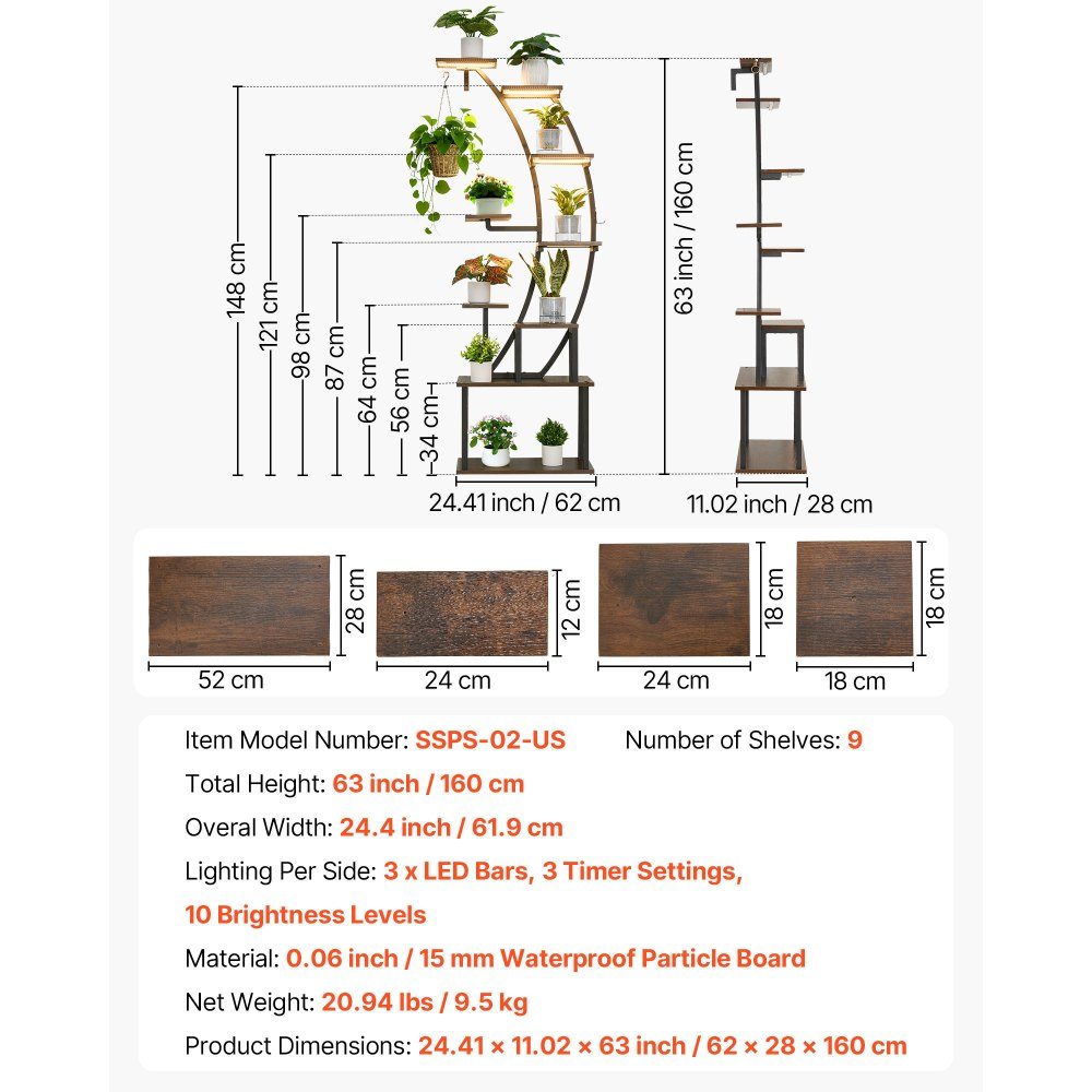 Plantenstandaard met groeilicht, 9-laags bloementrappen, metalen bloemenstandaard, 3 timers en 10 helderheidsniveaus, bloemenplank voor woonkamer- en balkondecoratie, 62 x 28 x 160 cm
