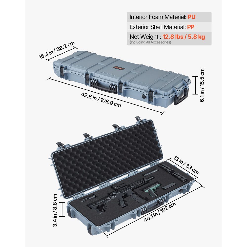 Waffenkoffer mit Hartschale für Langwaffen, abschließbarer Waffenkoffer mit vorgeschnittenem Schaumstoff, Langwaffenkoffer, Waffenaufbewahrung, rollbar, IP67 wasserdicht, 108,9 x 39,2 x 15,5 cm grau