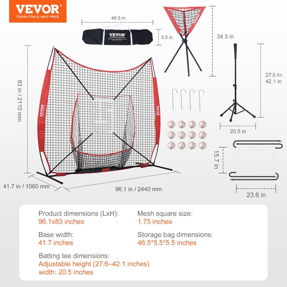 94" x 42" x 84" Baseball Softball Practice Net, Portable Baseball Training Net for Batting, Catching, Pitching, Backstop Equipment with Arch Frame, Carry Bag, Strike Zone, Balls, Ball Collector