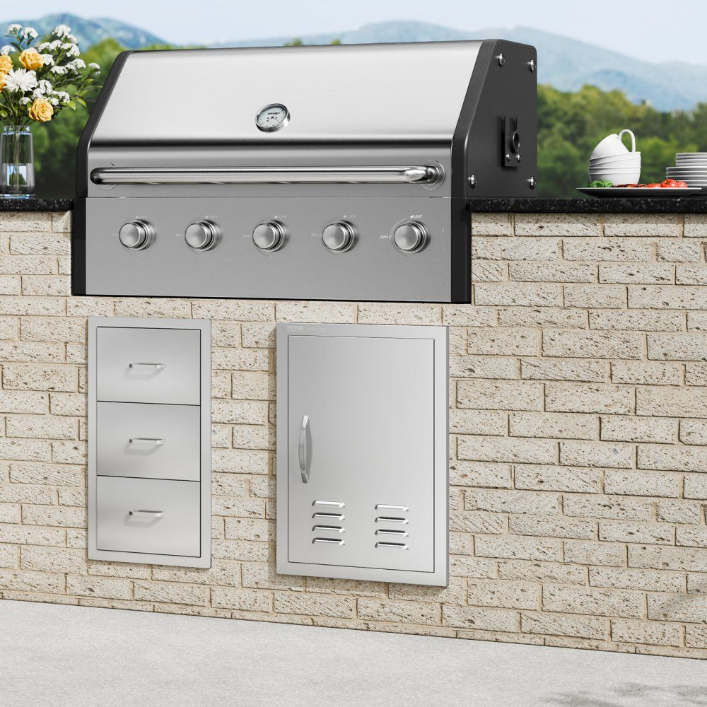 Grill Access Door 610x431mm Single Outdoor Kitchen Door Flush Mount Stainless Steel Door Vertical Wall Door with Handle, Vents and Hooks for Grill Island Grill Station