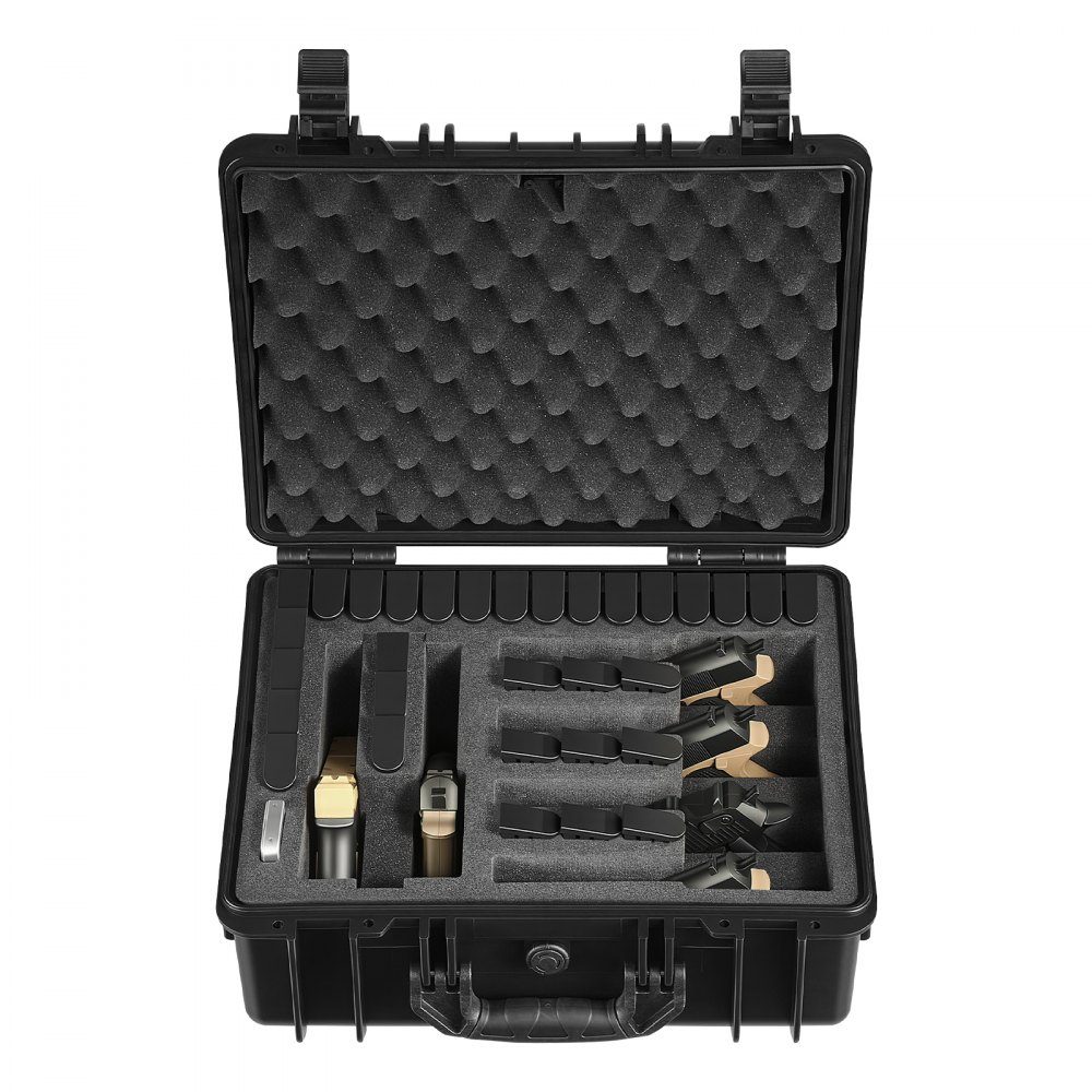 Hartschalenkoffer für 6 Pistolen, Pistolenkoffer mit XPE-Schaumstoffeinlage 475x415x215 mm, wasserdichter Kurzwaffenkoffer mit verstellbarem Innenraum und Tragegriff, für Pistolenobjektivkamera