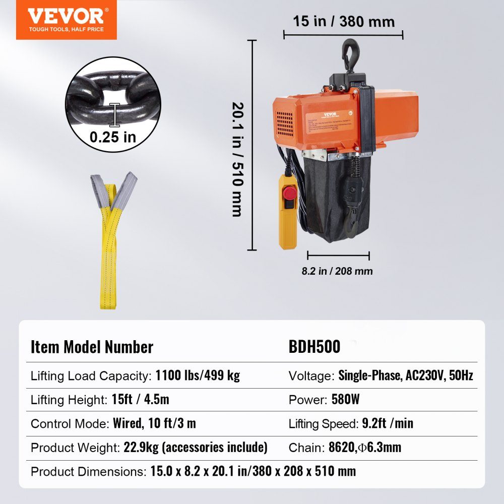 Electric Chain Hoist, 1100 lbs Capacity, 15ft Lift Height, 9.2ft/min. Speed, 230V Single Phase Overhead Crane with G100 Chain, 10ft Cable Remote Control for Garage, Shop, Hotel, Home