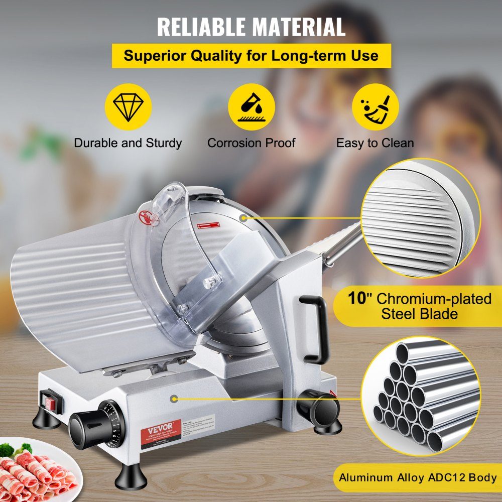 Commercial Meat Slicer, 240W Electric All Slicer Food Slicer with 10" Carbon Steel Blade, 0-12mm Adjustable Thickness for Meat, Cheese, Vegetables etc